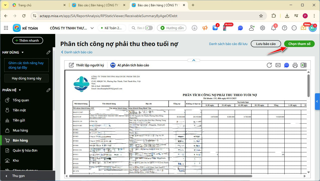Tùy chỉnh tham số báo cáo