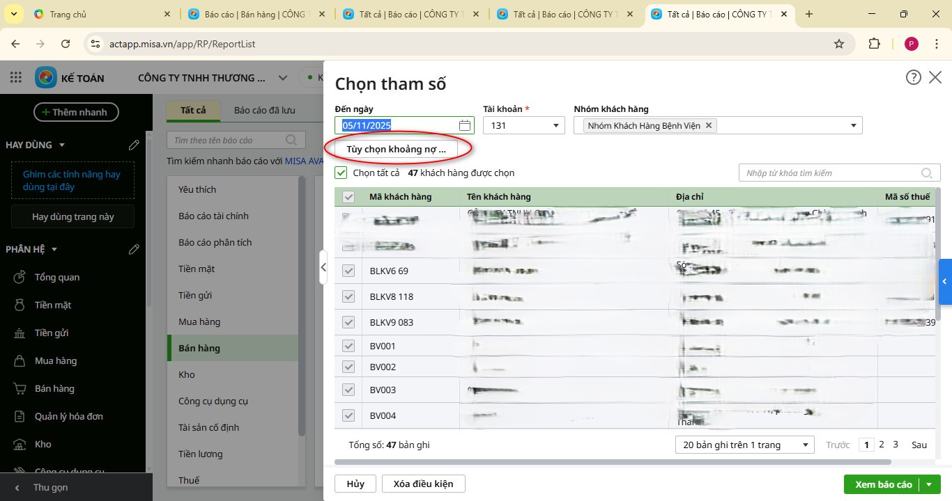 Thiết lập báo cáo