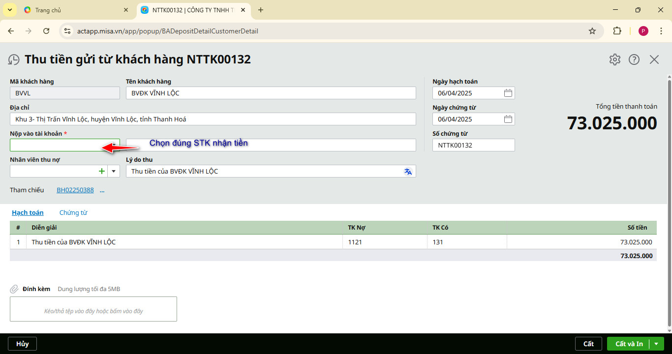 thu tiền vào đúng tài khoản